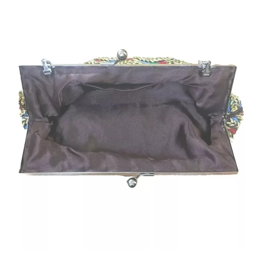 Cocktail Party Clutch Purse Beaded Rainbow Embroidered Silver Chain Strap Vtg